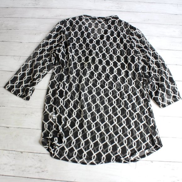 Just Bee Vintage Sheer Tunic Top Blouse Size M Black White Geo 3/4 Sleeve - Picture 4 of 4